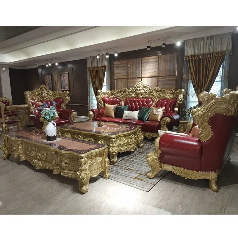 European Royal Style Sofa Furniture Sets Luxury Classic Carved Wood Genuine Leather Living Room sofa