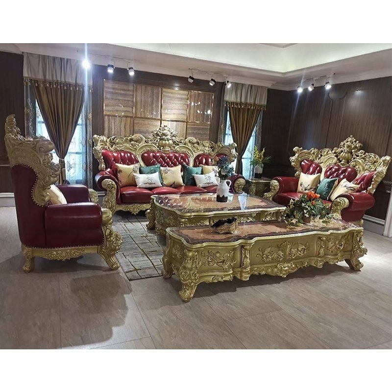 European Royal Style Sofa Furniture Sets Luxury Classic Carved Wood Genuine Leather Living Room sofa