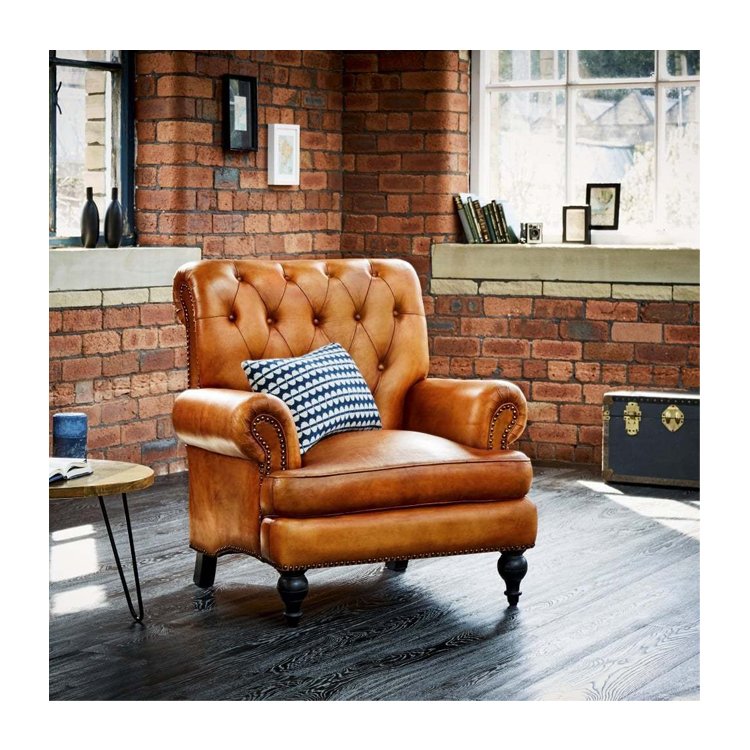 Superior Quality Wooden Vintage High Back Genuine Leather Lounge Arm Chair Bedroom Living Room Furniture Sofa from India