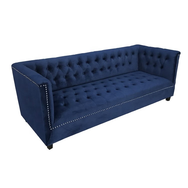 MRS WOODS Popular Classic Design Modern Blue Velvet Upholstered Chesterfield Sofa