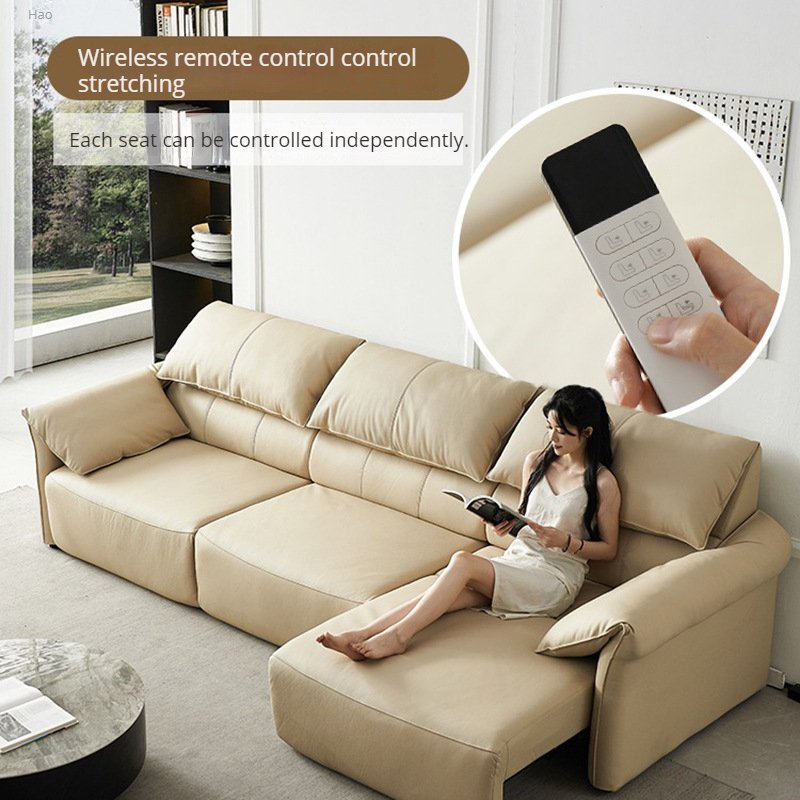 Italian Elephant Ears Leather Sofa Smart Retractable Multifunctional Straight Row Living Room Sofas