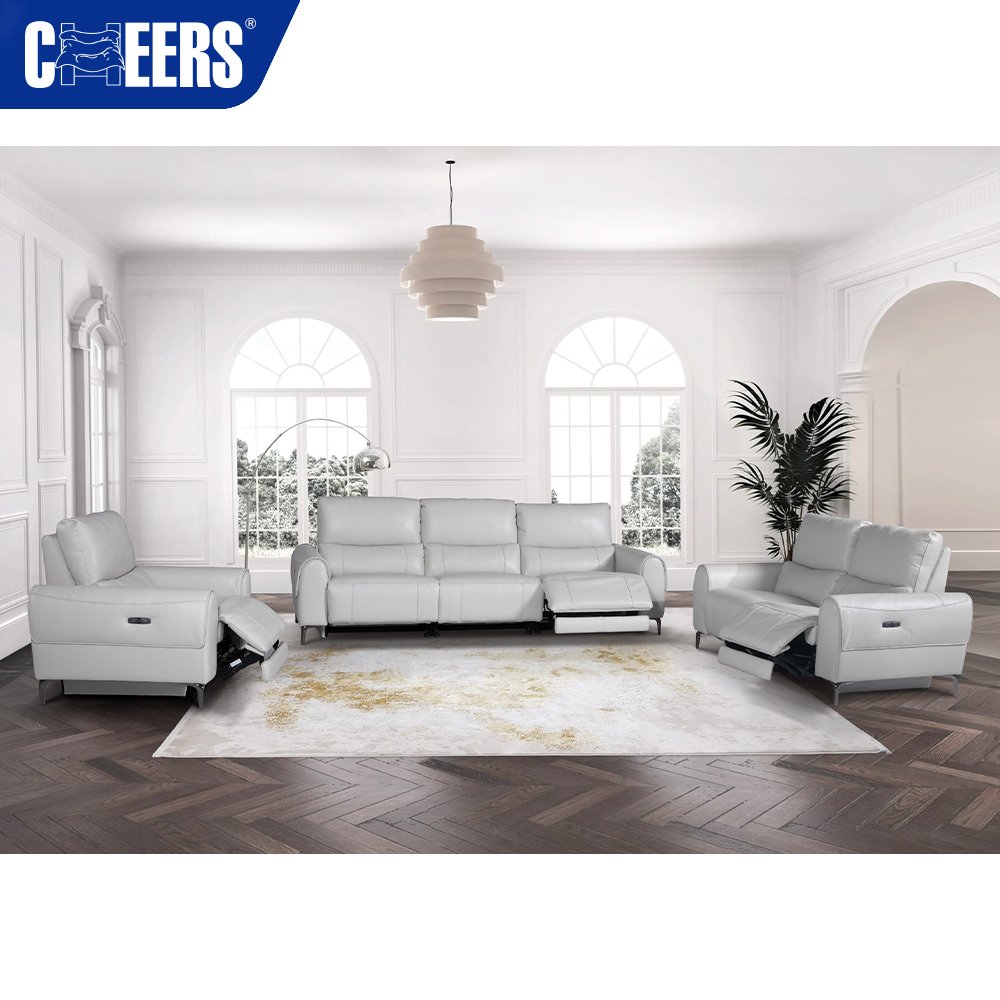 MANWAH CHEERS Modern White Real Leather Power Headrest Recliner Furniture Sectional Living Room Sofa With USB for Living Room