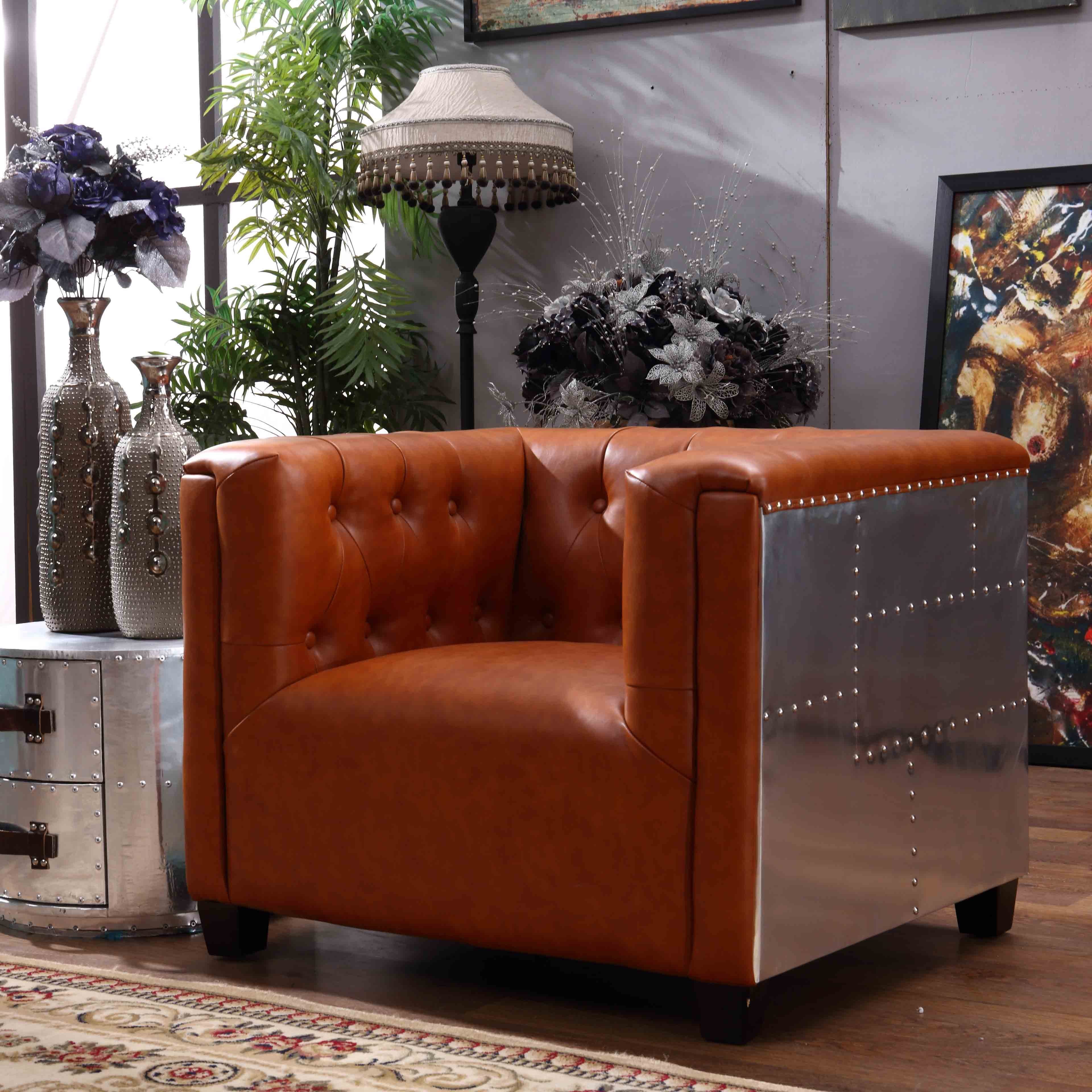 Modern Indoor Furniture Living Room Sofa Set Brown Leather Aviator Aluminum 1-3 Seats Home Sofas