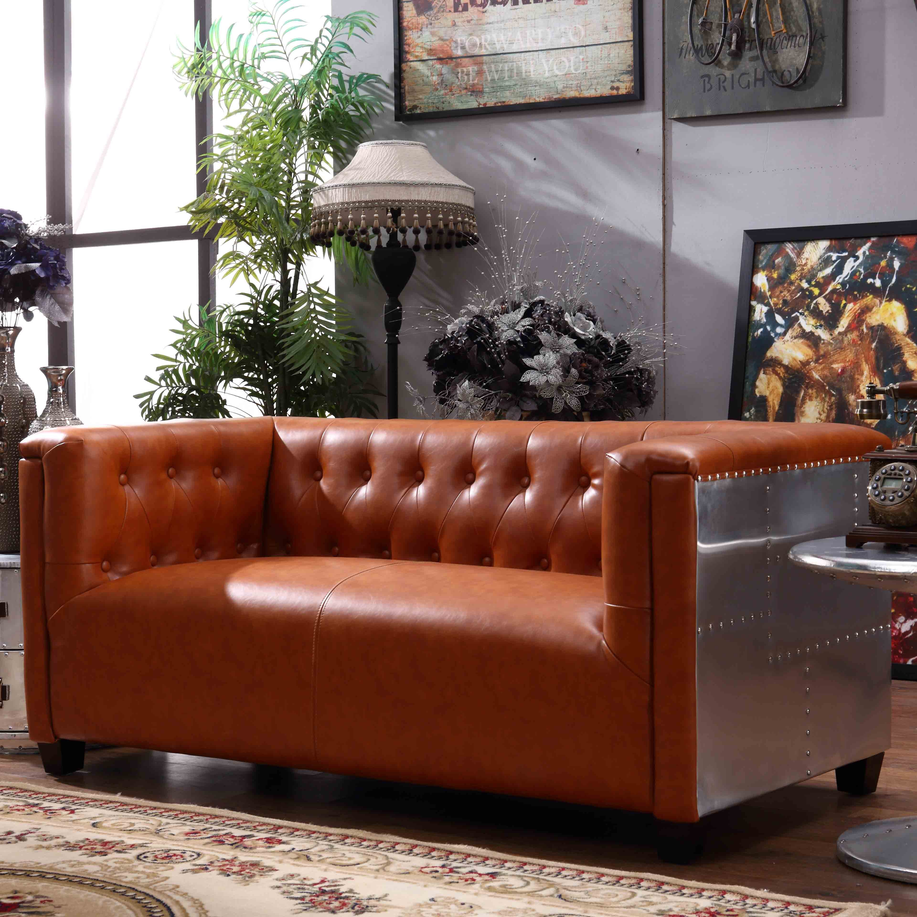 Modern Indoor Furniture Living Room Sofa Set Brown Leather Aviator Aluminum 1-3 Seats Home Sofas