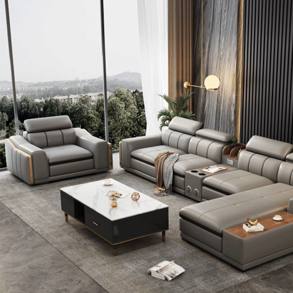 Modern Living Room Furniture Multifunction L-Shaped Leather Sofa With USB Port Speaker Luxury Corner Sofa Set