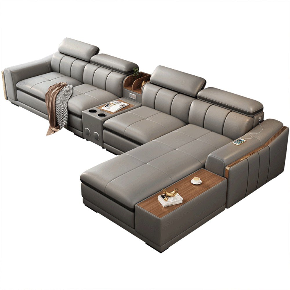 Modern Living Room Furniture Multifunction L-Shaped Leather Sofa With USB Port Speaker Luxury Corner Sofa Set