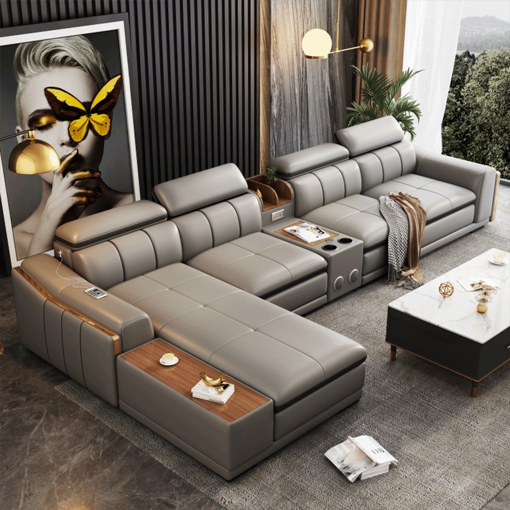 Modern Living Room Furniture Multifunction L-Shaped Leather Sofa With USB Port Speaker Luxury Corner Sofa Set