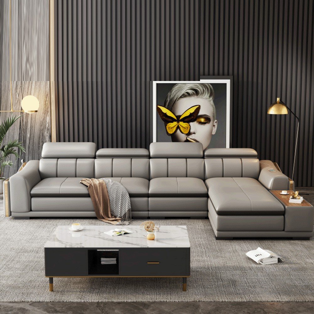Modern Living Room Furniture Multifunction L-Shaped Leather Sofa With USB Port Speaker Luxury Corner Sofa Set