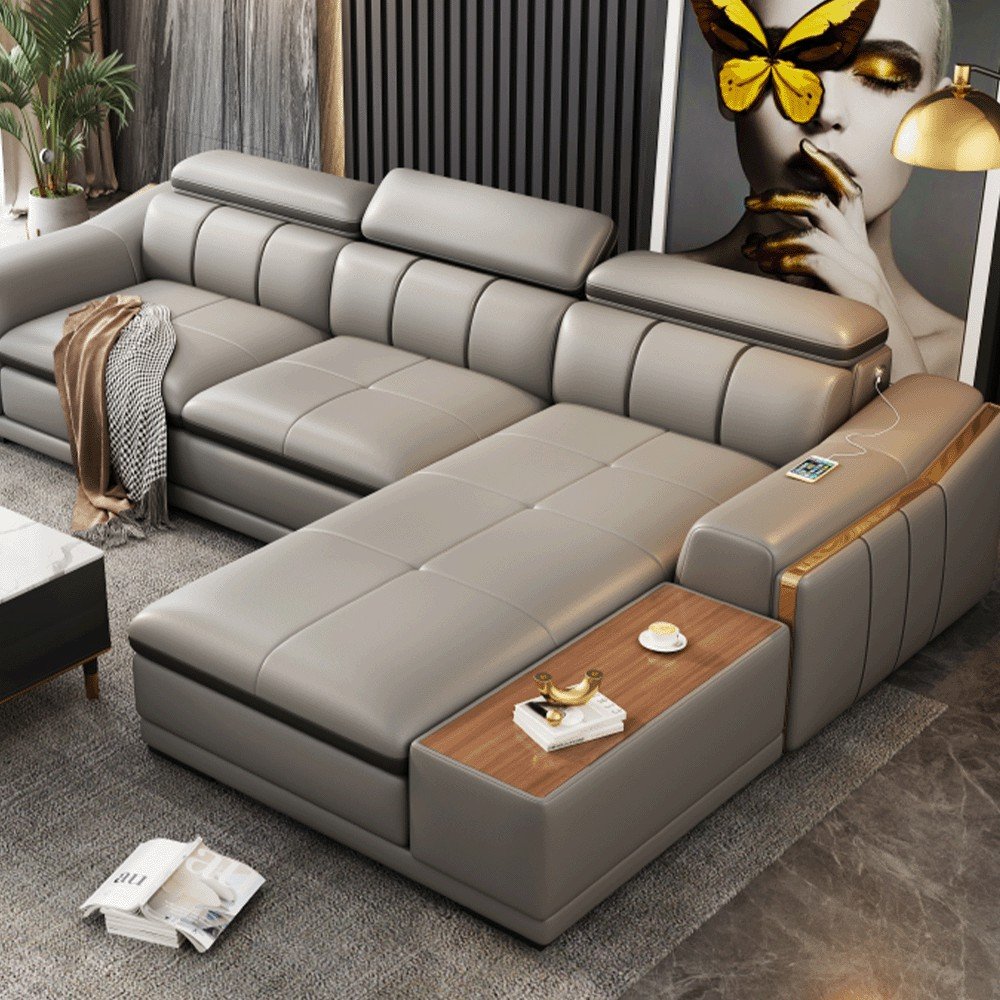 Modern Living Room Furniture Multifunction L-Shaped Leather Sofa With USB Port Speaker Luxury Corner Sofa Set