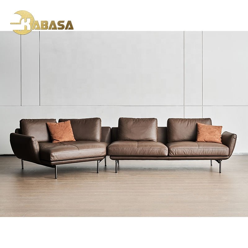 Leather Chaise Living Room Sofa 2023 New Top Grain L Shape Mid Century Modern Design Dark Brown Home Furniture Sofa Set