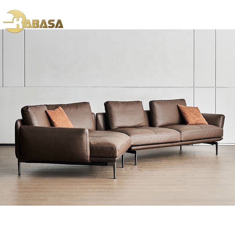 Leather Chaise Living Room Sofa 2023 New Top Grain L Shape Mid Century Modern Design Dark Brown Home Furniture Sofa Set