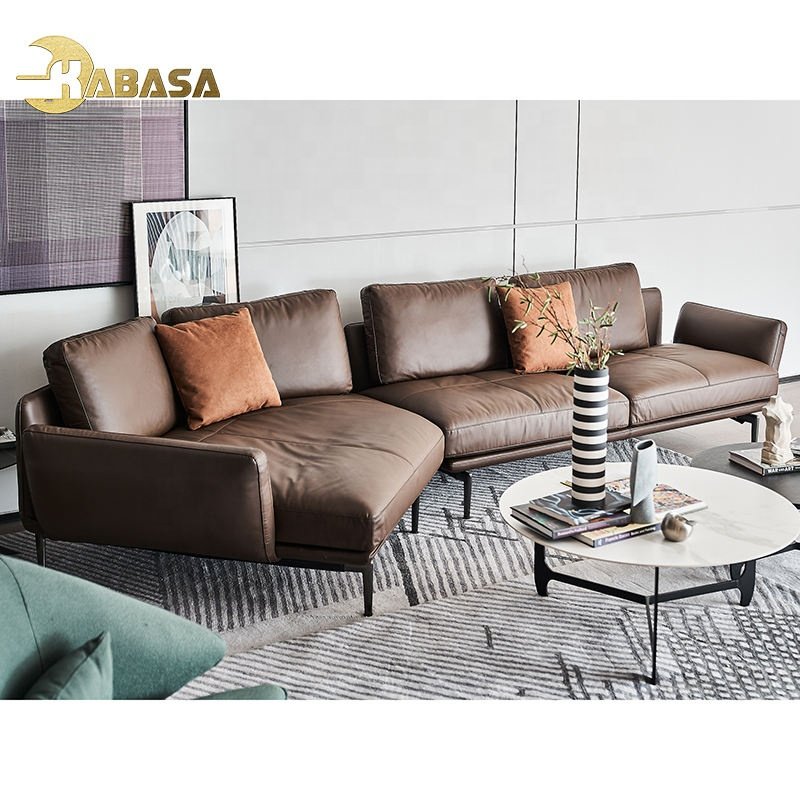 Leather Chaise Living Room Sofa 2023 New Top Grain L Shape Mid Century Modern Design Dark Brown Home Furniture Sofa Set