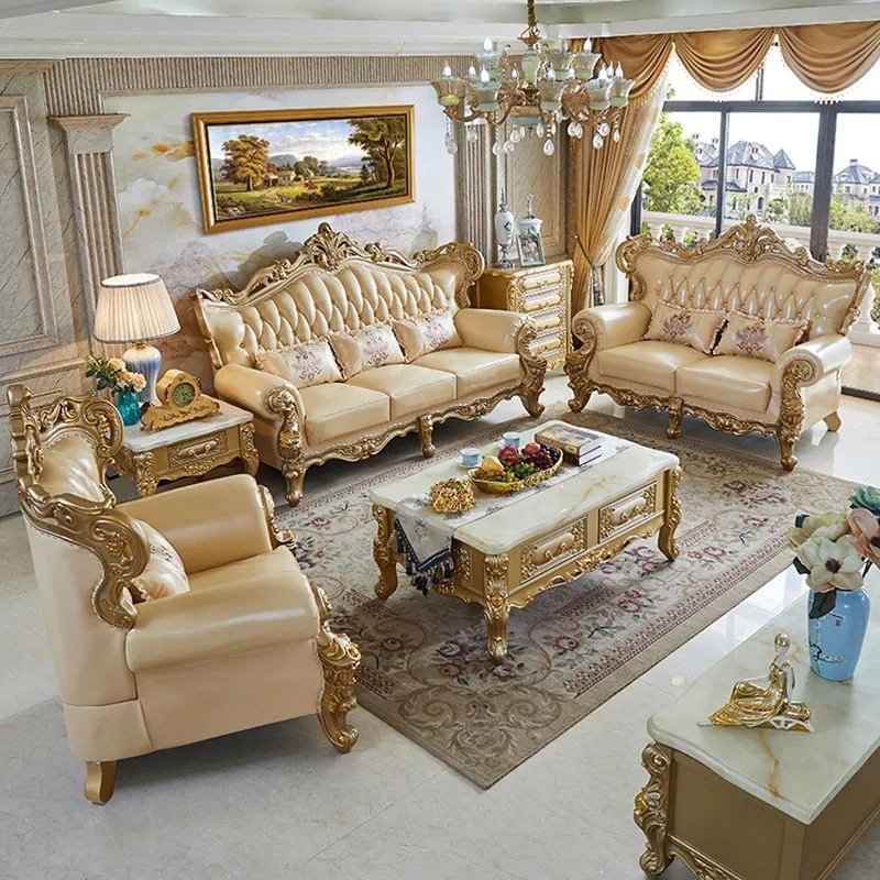 European Luxury Style Solid Gold Wood Living Room Furniture Vintage Sofa Design Classical Living Room Sofa Set