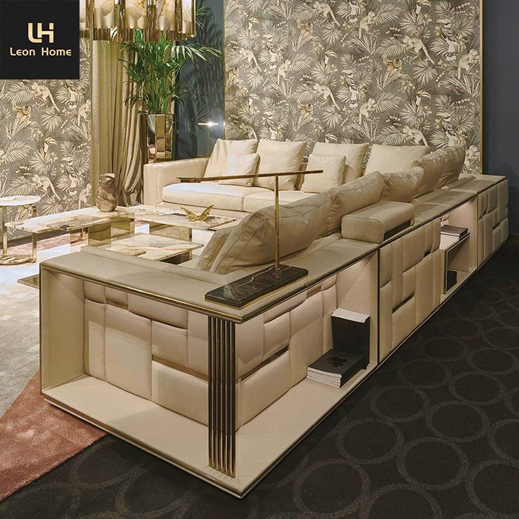 Italian high end living room sofa set furniture premium sectional l shape leather luxury sofa set for villa