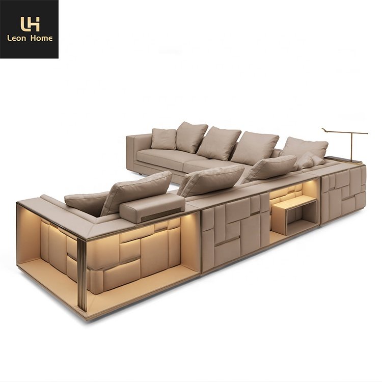 Italian high end living room sofa set furniture premium sectional l shape leather luxury sofa set for villa