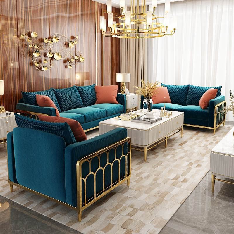 Chesterfield Blue Velvet Fabric Sofa Luxury Sofa Three Seat Home Furniture Living Room Sofa