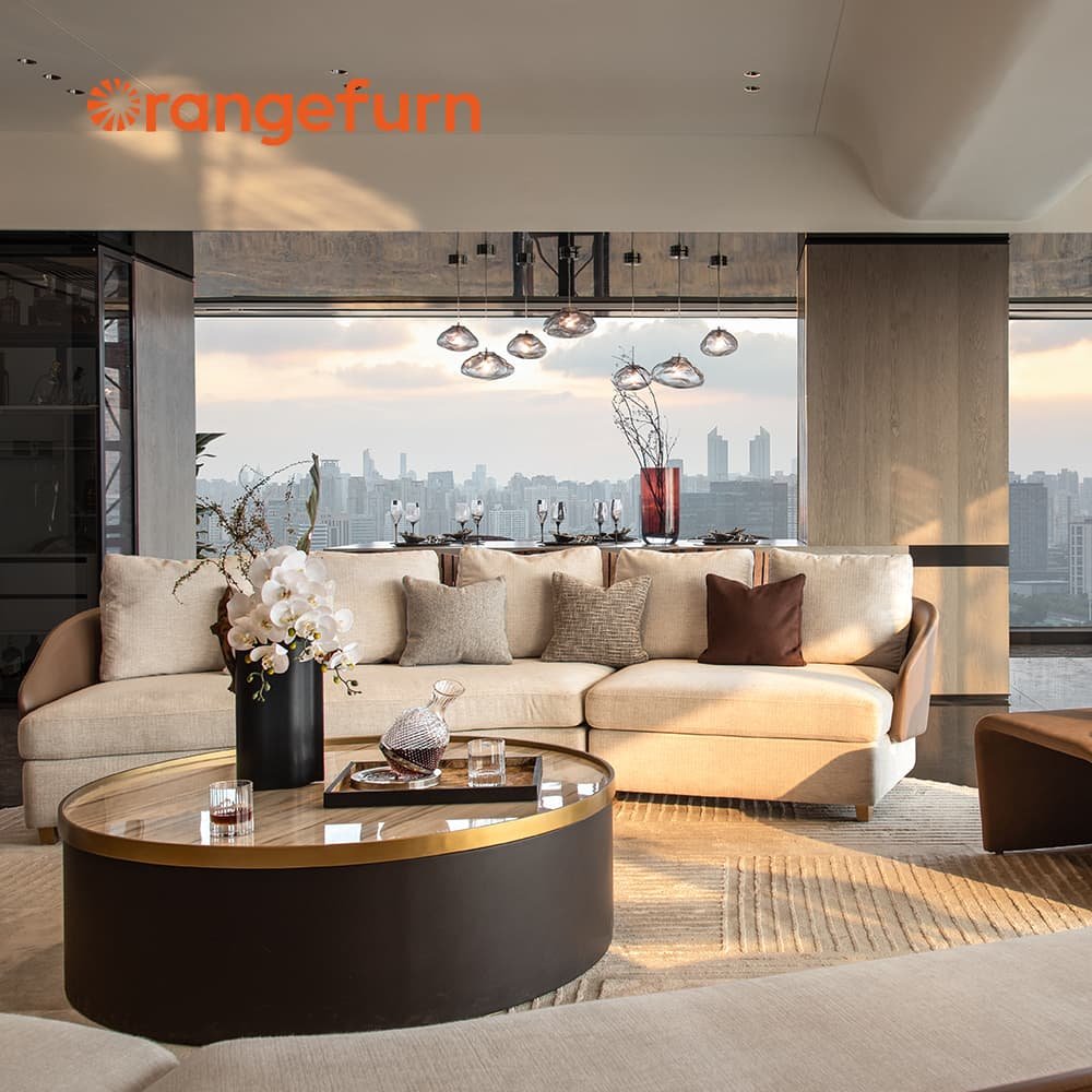 Orangefurn trendy design mixed material leather couch set sitting room furniture living room sofa