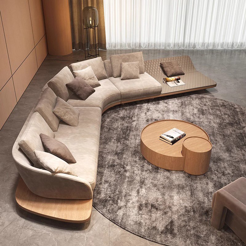 Antique Wood Modular Sofa Set Villa Living Room Large Curved Corner Shaped Chairs Quiet Wind Fabric Corner Shaped Modular
