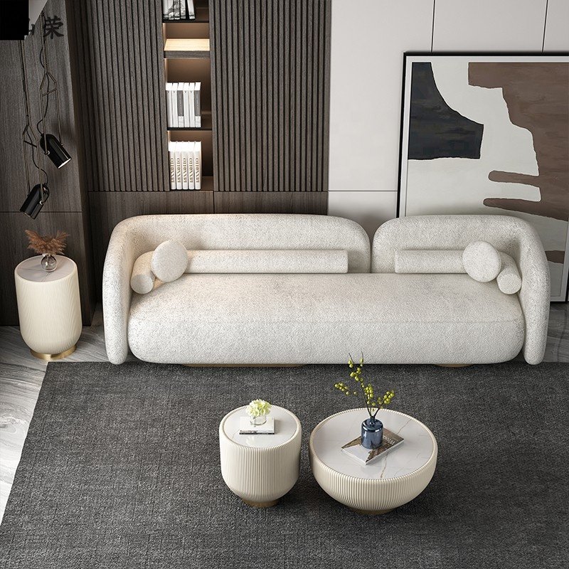Hot Selling Nordic Italian Minimalism Design Furniture High Quality White Velvet Fabric 3 Seater Living Room Sofas