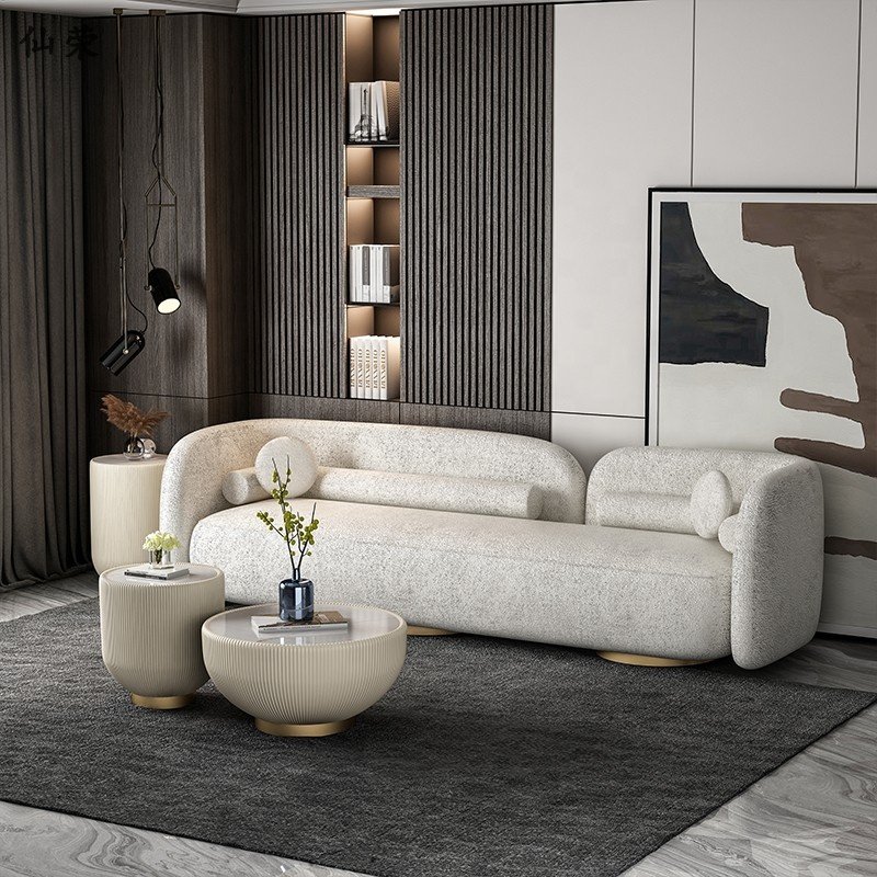 Hot Selling Nordic Italian Minimalism Design Furniture High Quality White Velvet Fabric 3 Seater Living Room Sofas