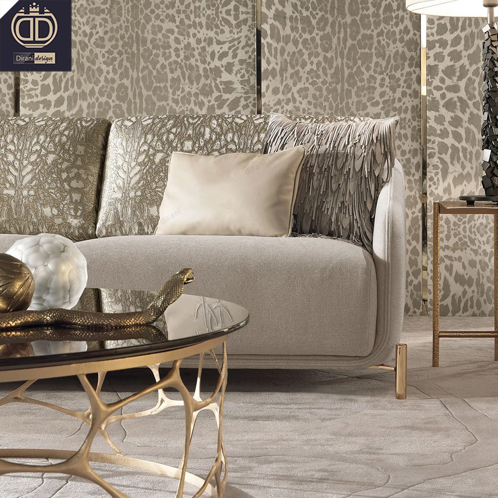 villa Italian design cream leather soft sofa set couch premium gold leg beige living room sofa