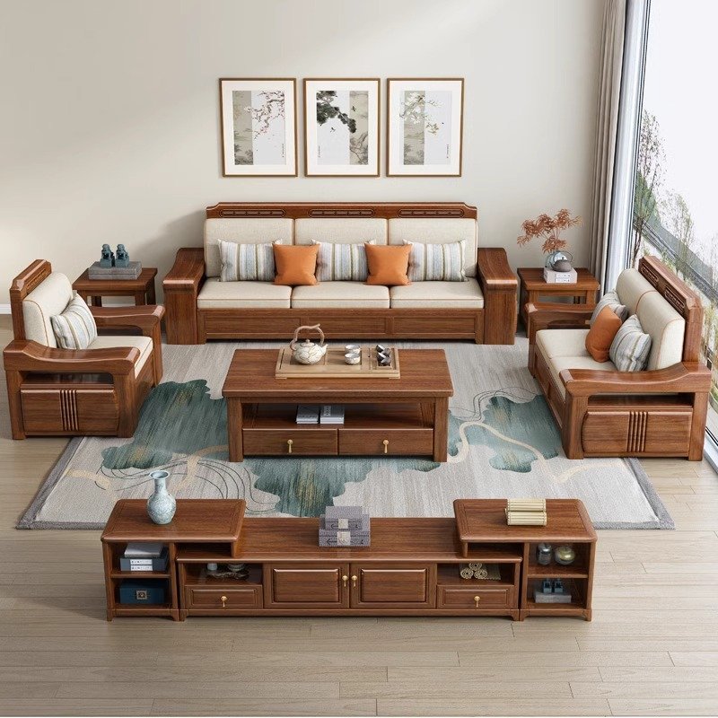 2024YOUTAI New Arrival Chinese Style Solid Wood Storage Corner Chaise Lounge Sofa Removable Seat Cushion Design for Living Room