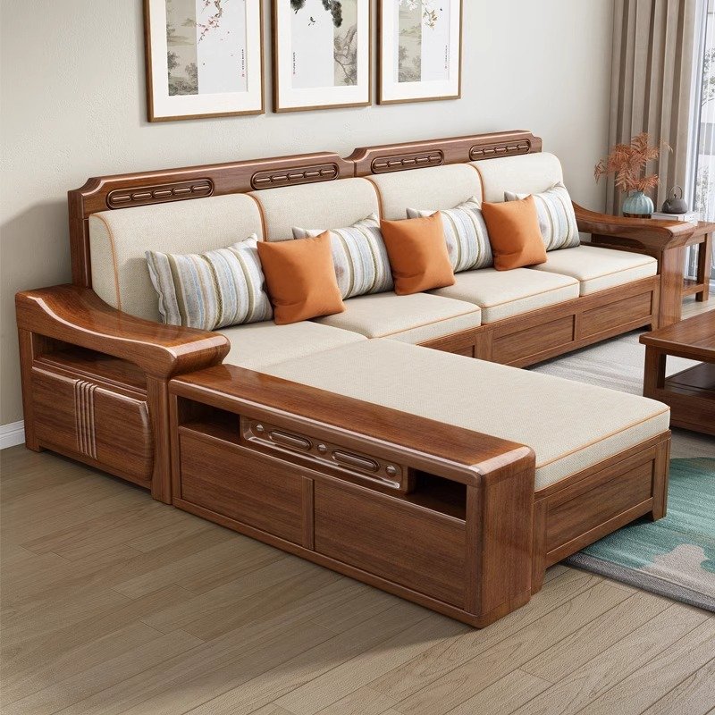 2024YOUTAI New Arrival Chinese Style Solid Wood Storage Corner Chaise Lounge Sofa Removable Seat Cushion Design for Living Room