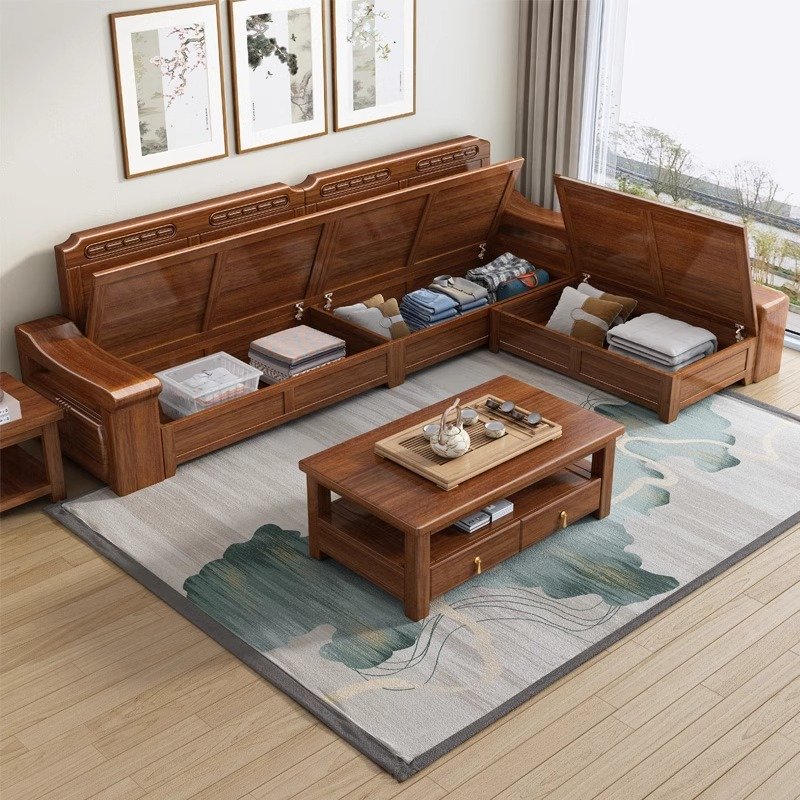 2024YOUTAI New Arrival Chinese Style Solid Wood Storage Corner Chaise Lounge Sofa Removable Seat Cushion Design for Living Room