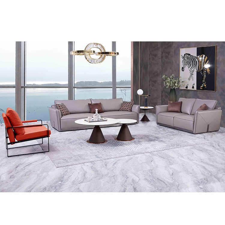 Kf Casa Stainless Steel Gray 3 Seater Genuine Leather Sofa Modern Furniture Luxury Sofa Living Room Sofa