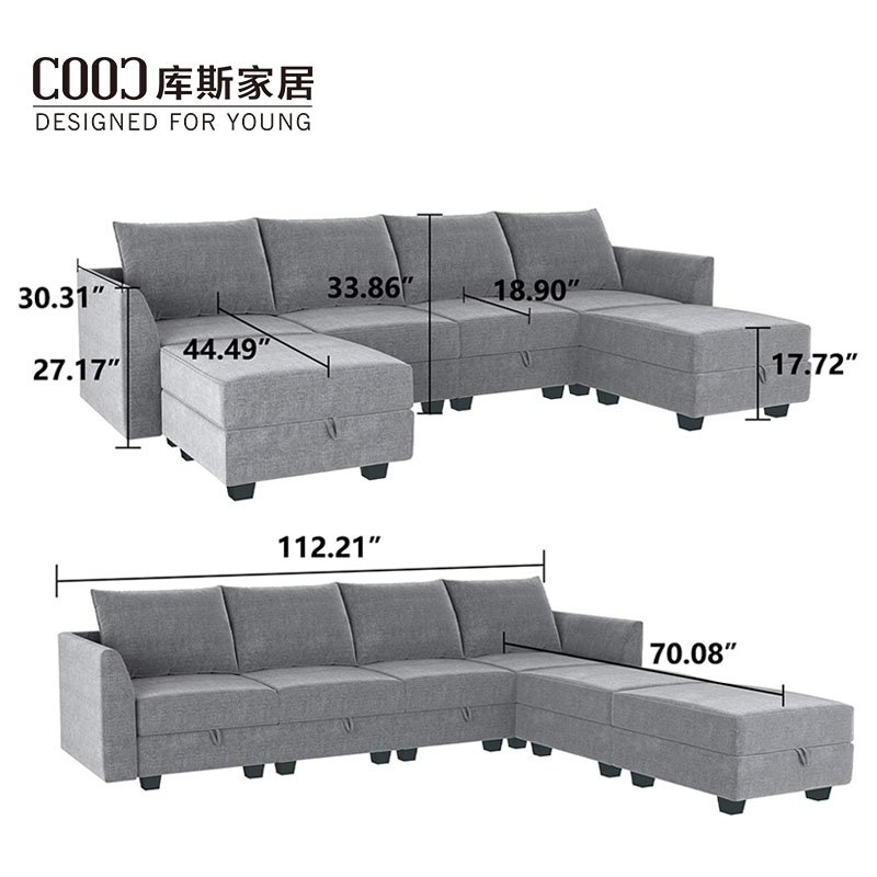 Grey Fabric Home Living Room Furniture L Shaped Couch Sofa Set Modular Sectional Sofa With Ottoman