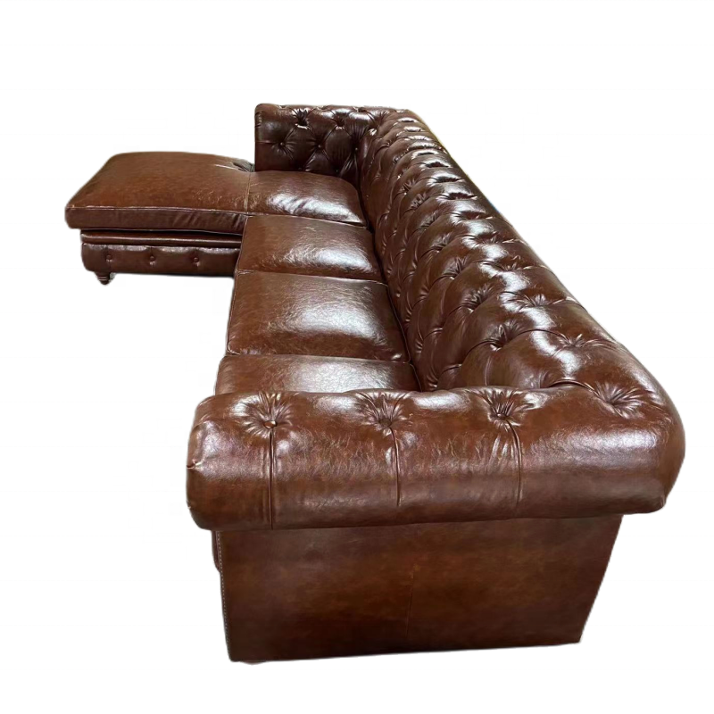 hotel furniture vintage genuine leather chesterfield couch living room sofa chesterfield leather sofa L shape 3 seat with chaise