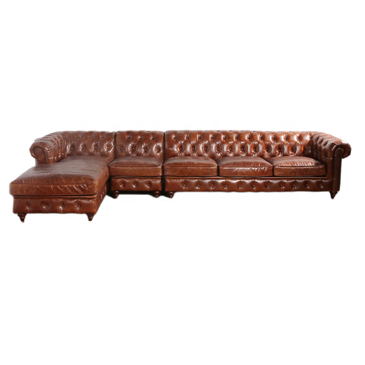 hotel furniture vintage genuine leather chesterfield couch living room sofa chesterfield leather sofa L shape 3 seat with chaise