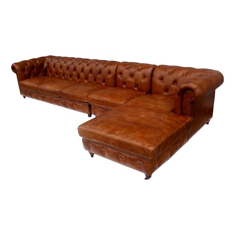 hotel furniture vintage genuine leather chesterfield couch living room sofa chesterfield leather sofa L shape 3 seat with chaise