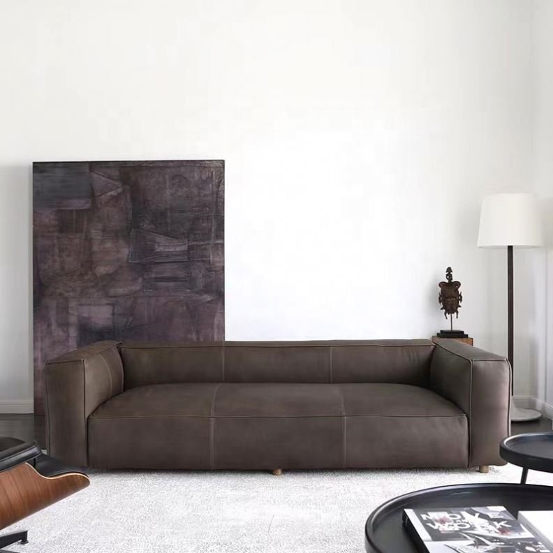 Nordic style retro leather simple living room sofa 3 seat space saving small apartment low back como sofa