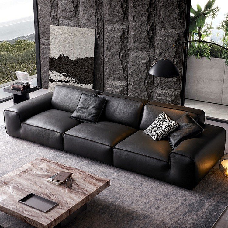 Xia Tu Shi Zeng Full Grain Cowhide Italian Leather Sofa Set Big Black Cow Full Green Leather Living Room Bed Module Wood Modular