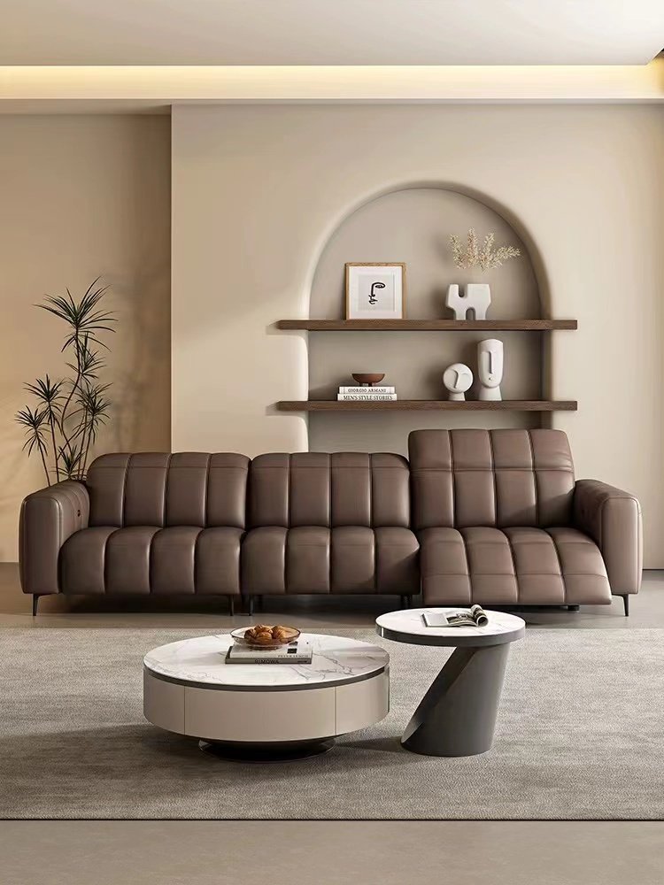 Piano key electric function leather sofa with adjustable cowhide top layer for three or four heads, living room sofa