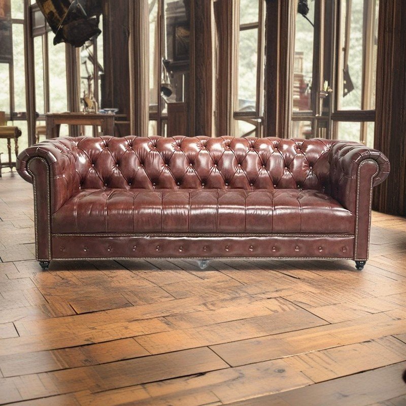 American Retro Couch Living Room Sofas Three-seat Straight Chaise Row Guesthouse Hotel Cigar Bar Glossy Wax Leather Sofa