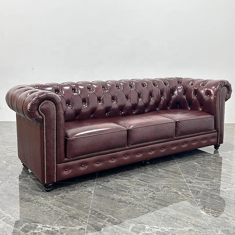 American Retro Couch Living Room Sofas Three-seat Straight Chaise Row Guesthouse Hotel Cigar Bar Glossy Wax Leather Sofa