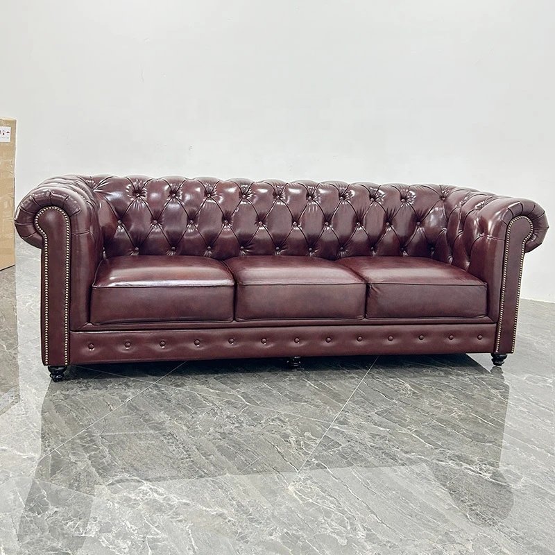 American Retro Couch Living Room Sofas Three-seat Straight Chaise Row Guesthouse Hotel Cigar Bar Glossy Wax Leather Sofa