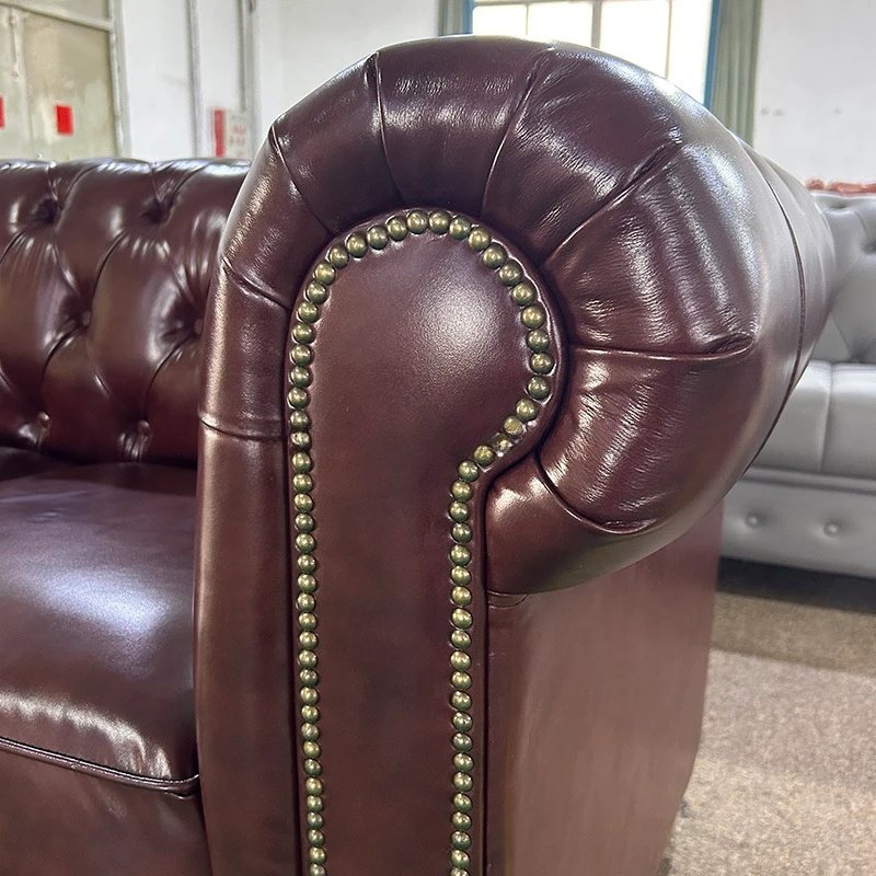 American Retro Couch Living Room Sofas Three-seat Straight Chaise Row Guesthouse Hotel Cigar Bar Glossy Wax Leather Sofa
