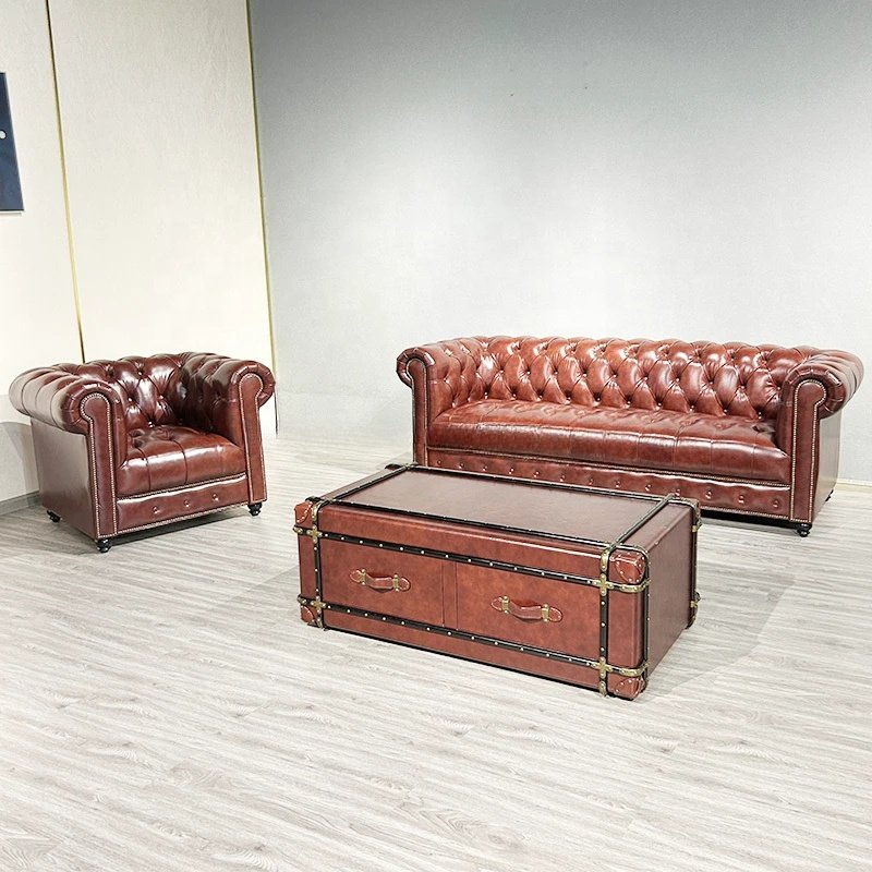 American Retro Couch Living Room Sofas Three-seat Straight Chaise Row Guesthouse Hotel Cigar Bar Glossy Wax Leather Sofa