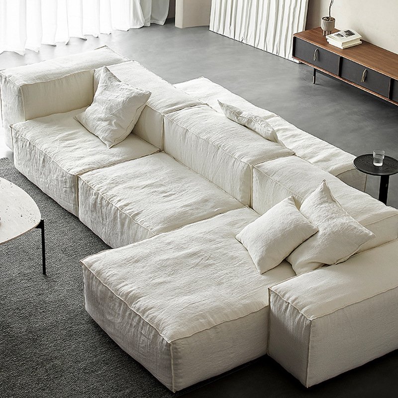 Modern Silent Style Bohemian Sofa Nordic Linen White Velvet Cloth Large for Apartment Living Room Tofu Block Art Combination