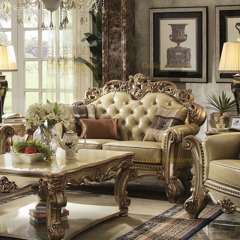 Luxury Victorian living room sofas gold color genuine leather sofas wooden carved antique design sofa set
