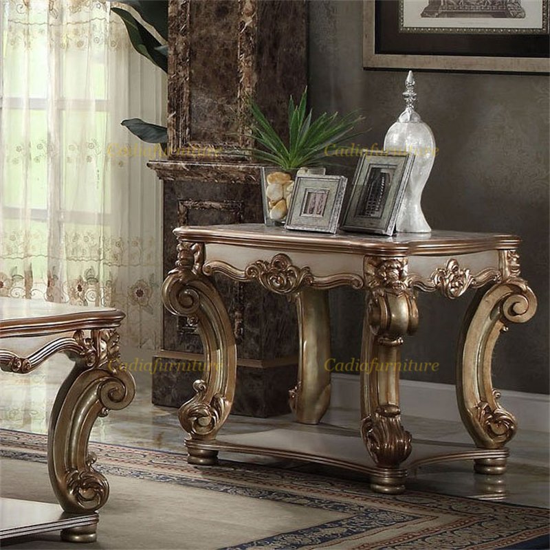 Luxury Victorian living room sofas gold color genuine leather sofas wooden carved antique design sofa set