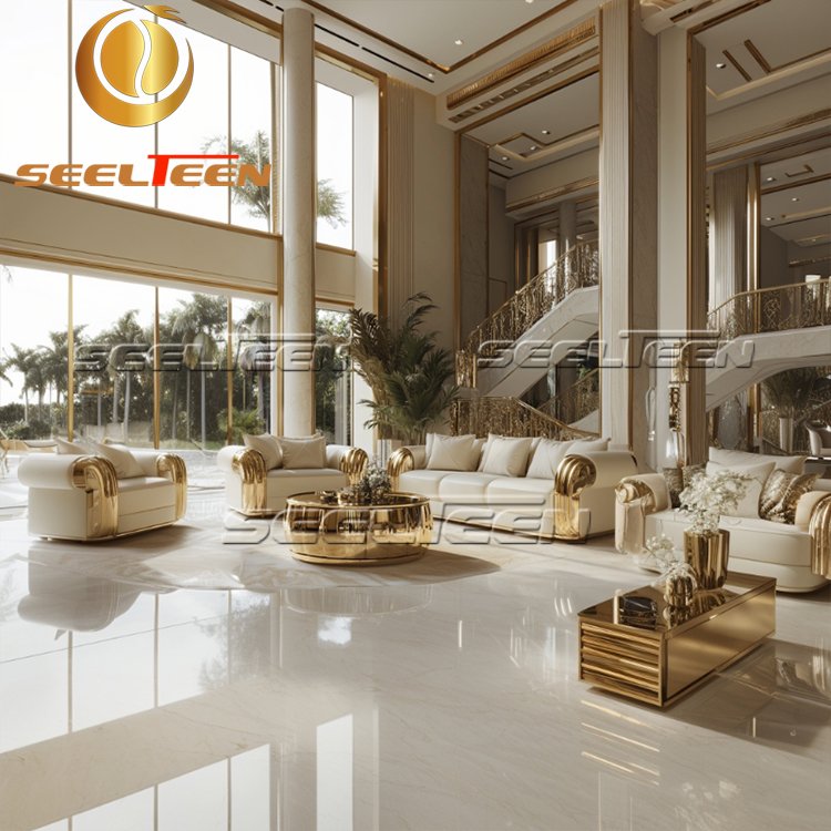 Wholesale Modern Design Sectional White Leather Gold Stainless Steel Frame Couch Modern Living Room Sofas
