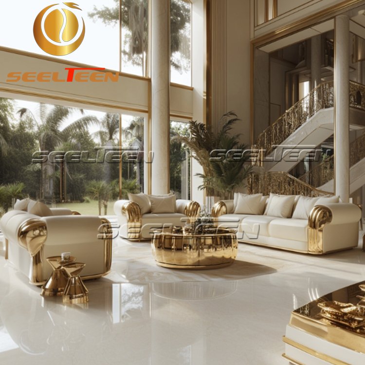 Wholesale Modern Design Sectional White Leather Gold Stainless Steel Frame Couch Modern Living Room Sofas