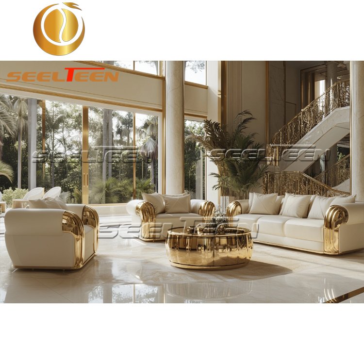 Wholesale Modern Design Sectional White Leather Gold Stainless Steel Frame Couch Modern Living Room Sofas