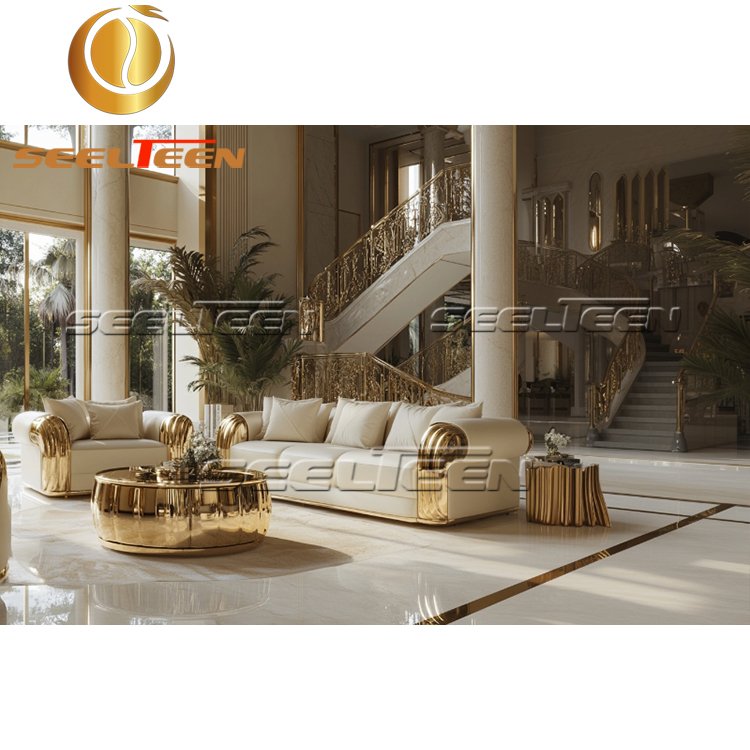 Wholesale Modern Design Sectional White Leather Gold Stainless Steel Frame Couch Modern Living Room Sofas
