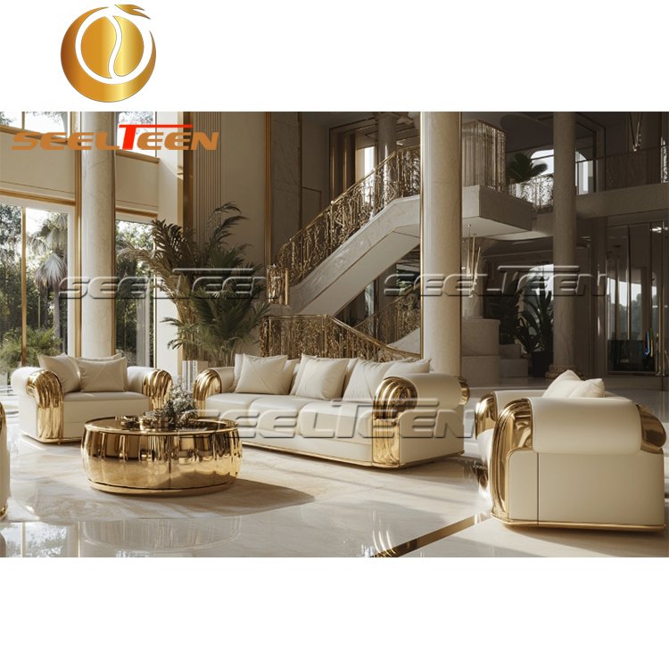 Wholesale Modern Design Sectional White Leather Gold Stainless Steel Frame Couch Modern Living Room Sofas