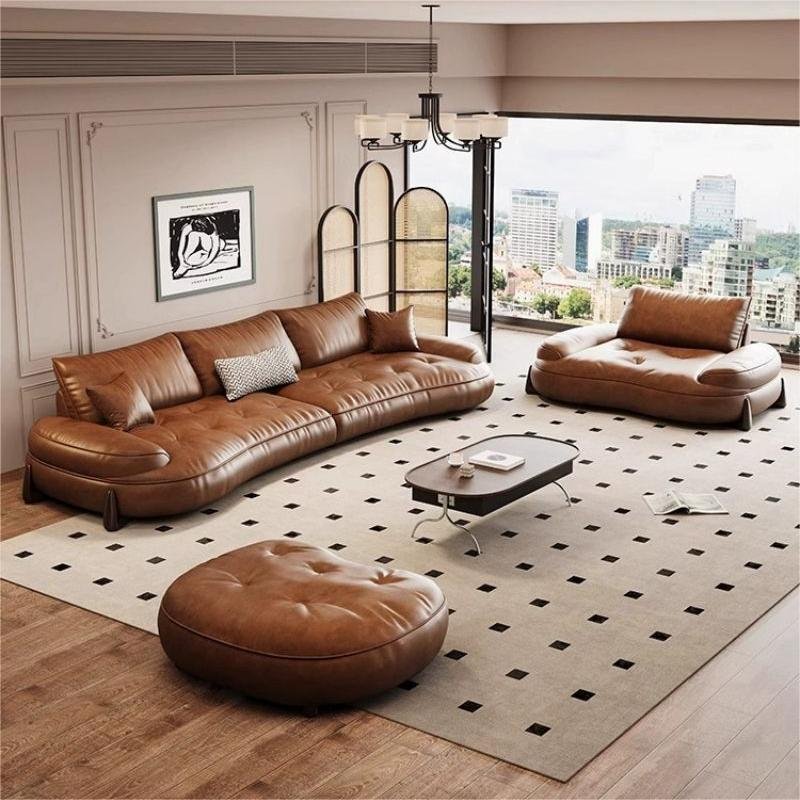 Italian minimalist leather sofa with curved retro top layer cowhide living room, modern and minimalist designer sofa combination